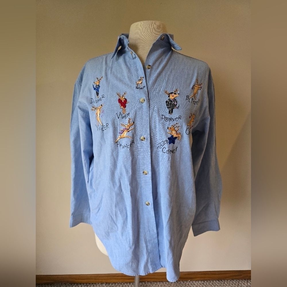 Vintage Falls Creek Denim Embroidered Christmas Long-Sleeve Shirt Women's Size M